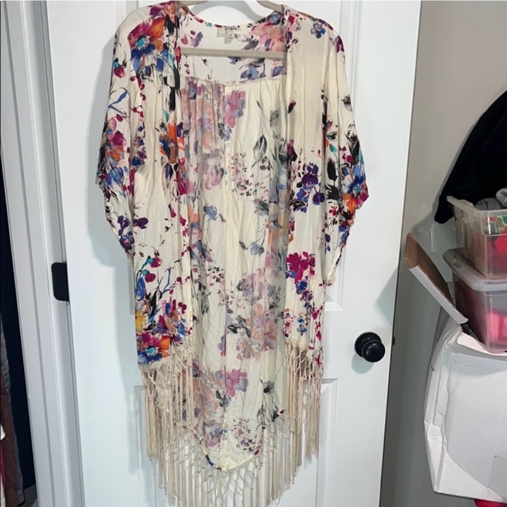 NWOT Floral Kimono Cardigan with Fringe